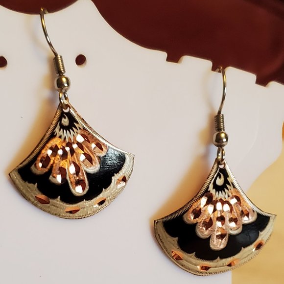 Copper Fan Style Dangle Hook Earrings Black Simple